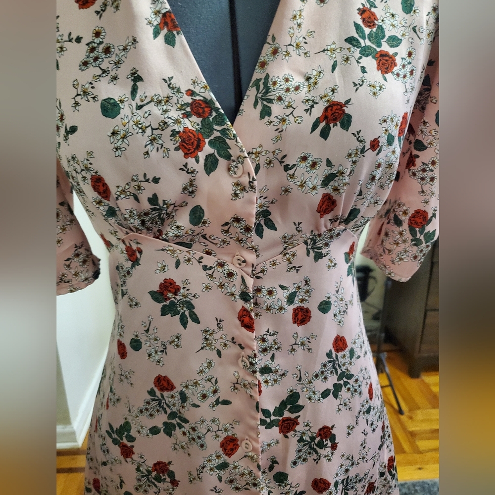 ZARA Mini Dress Pink Floral Print v-neck puff sleeve ruching XS Coquette Girl - Picture 4 of 8